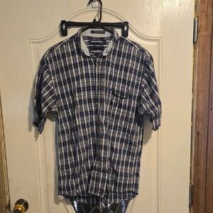Van Heusen Men's Blue and White Plaid Shirt Medium